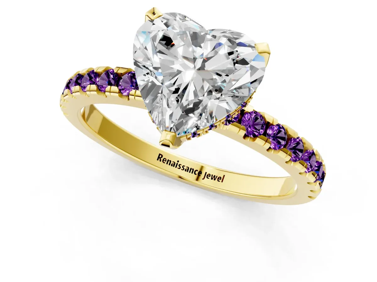 Heart Cut Diamond Solitaire Ring with Round Amethyst Pavé Band and Four-Prong Setting Yellow gold