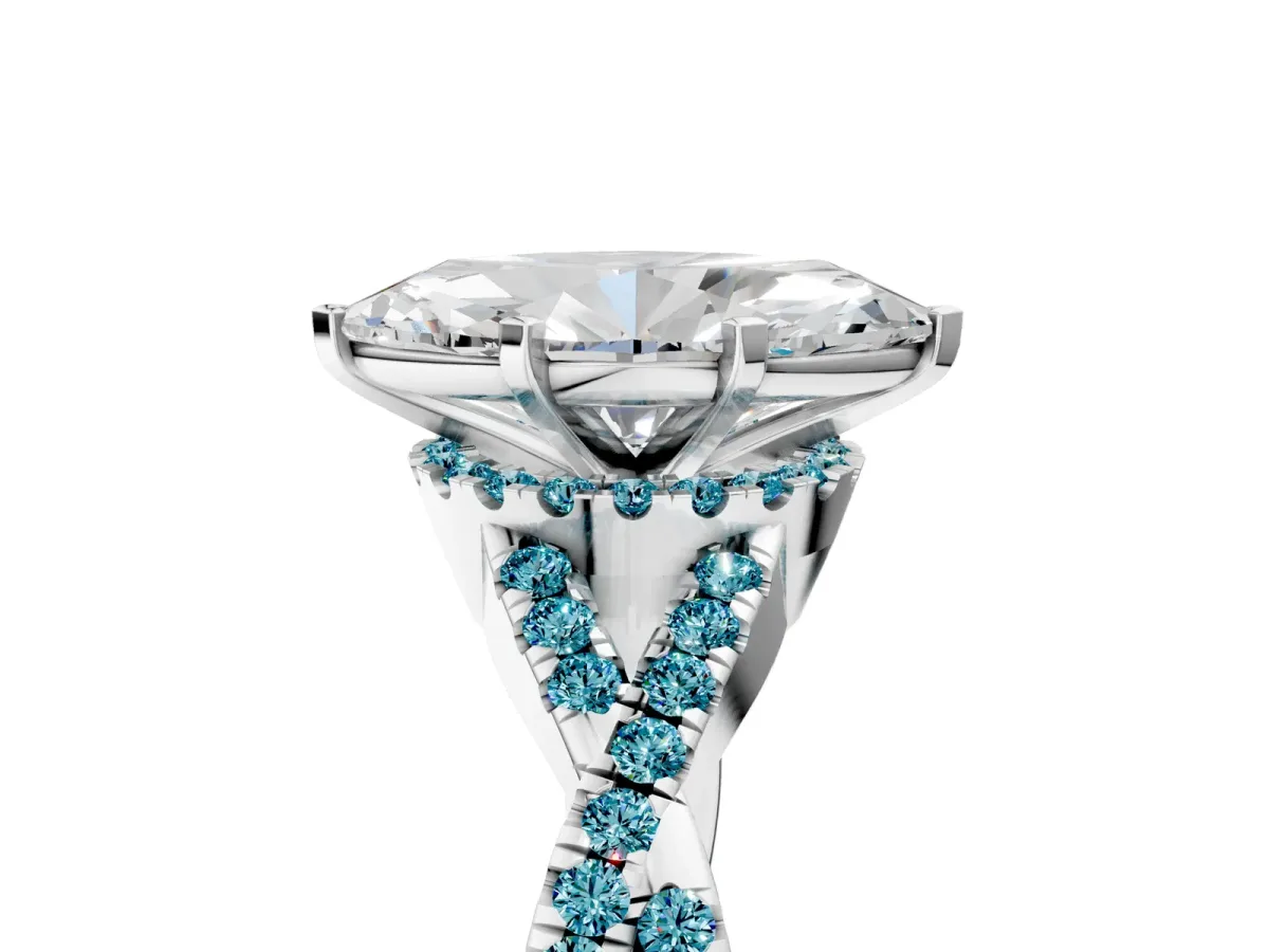 Marquise Cut Diamond Blue Topaz Halo Twist Band Solitaire Prong Setting Ring White gold