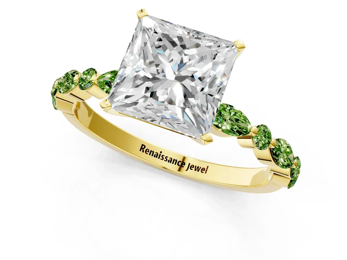 Princess Cut Diamond Ring with Marquise and Round Peridot Side Stones and Four-Prong Setting Yellow gold