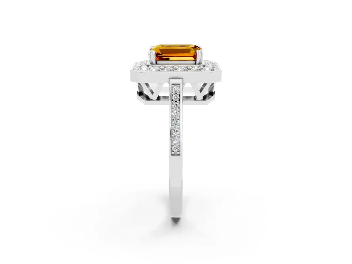Emerald Cut Citrine Halo Ring with Split Shank and Four-Prong Setting White gold