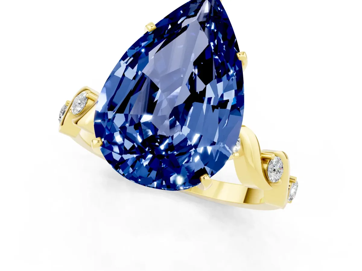 Pear Cut Blue Sapphire Solitaire Twisted Band with Round Accents and Prong Setting Yellow gold