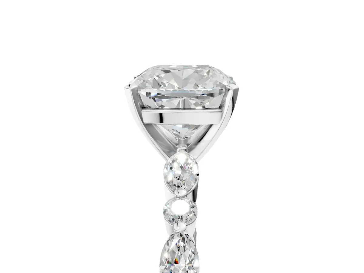 Cushion Cut Diamond Ring with Marquise and Round Moissanite Side Stones and Four-Prong Setting White gold