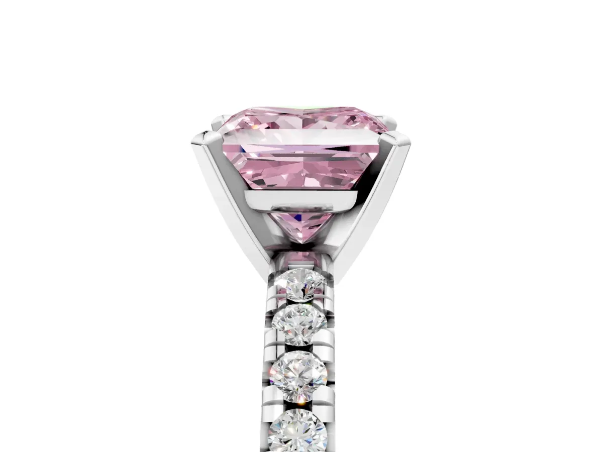 Fancy Pink Princess Cut Diamond Solitaire Pavé Engagement Ring with Round Band and Prong Setting White gold