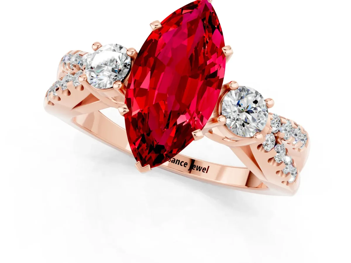 Marquise Cut Ruby Three-Stone Ring with Pavé Split Shank and Four-Prong Setting Rose gold