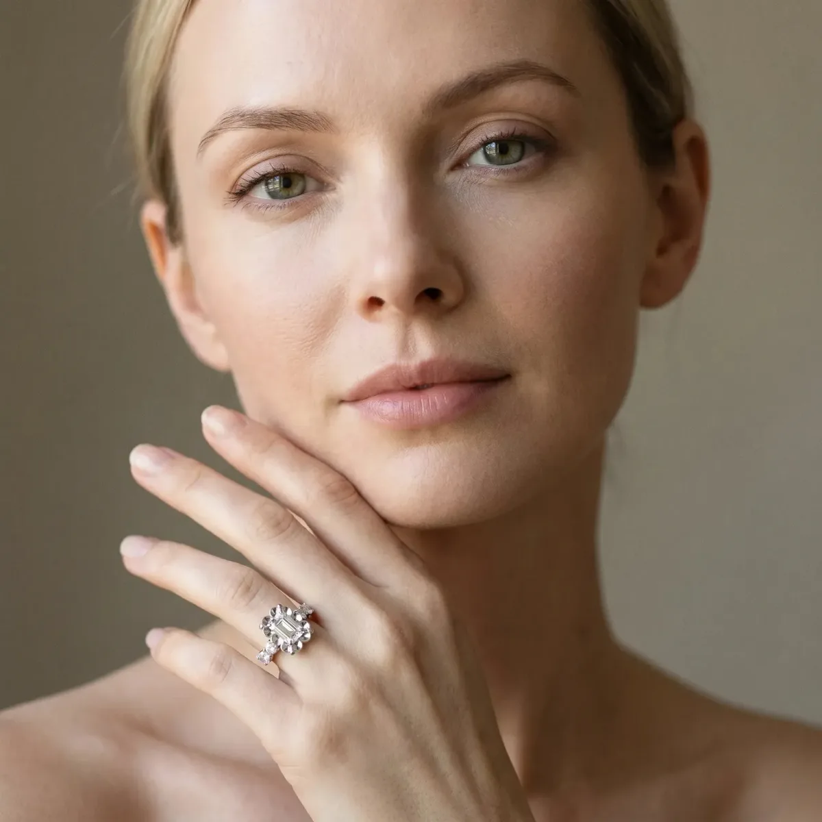Emerald Cut Cut Diamond Floral Halo Engagement Ring with Shared Prong Setting Silver