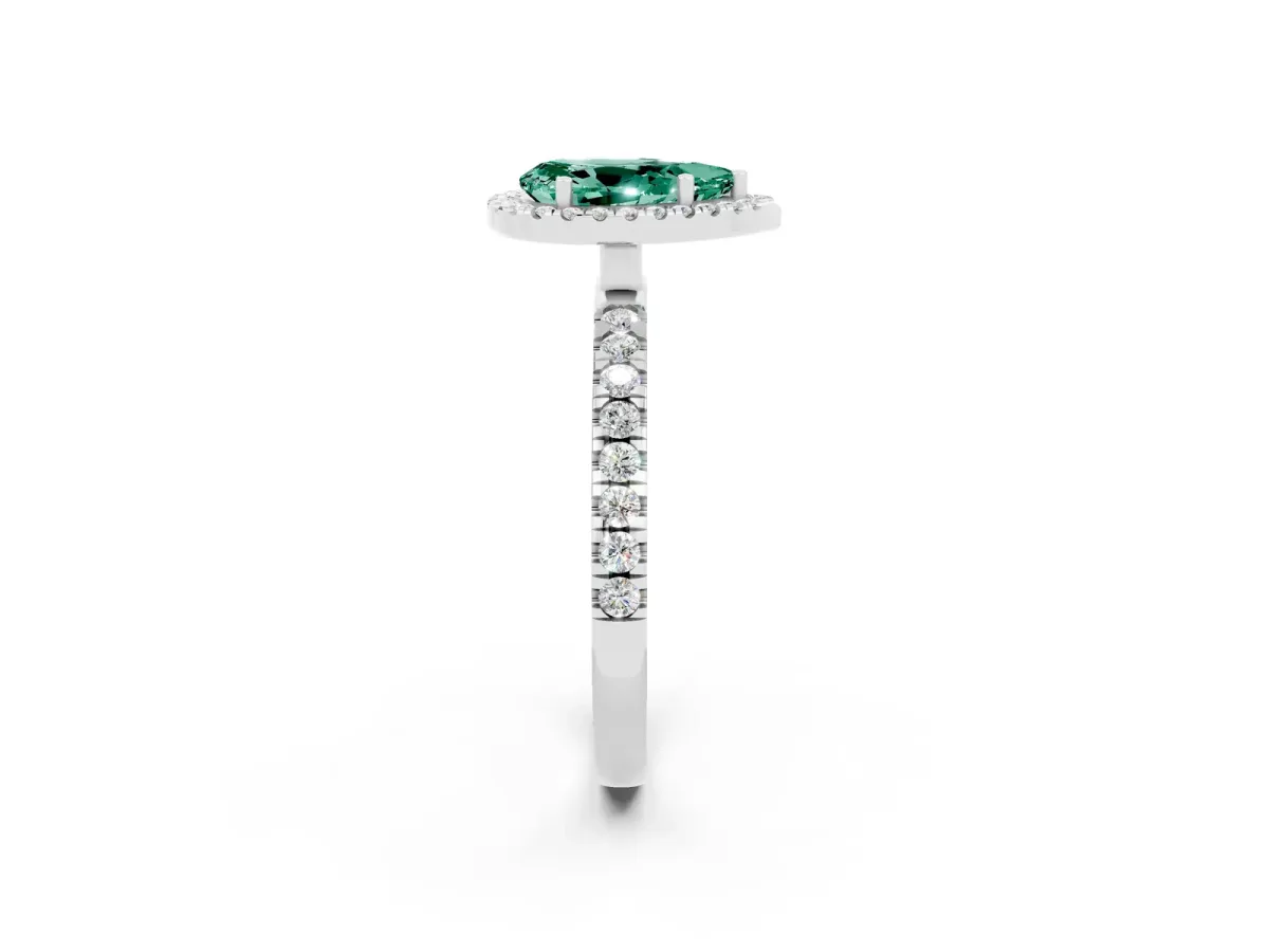 Pear Cut Green Sapphire Classic Halo Engagement Ring with Round Pavé Band and Prong Setting Silver