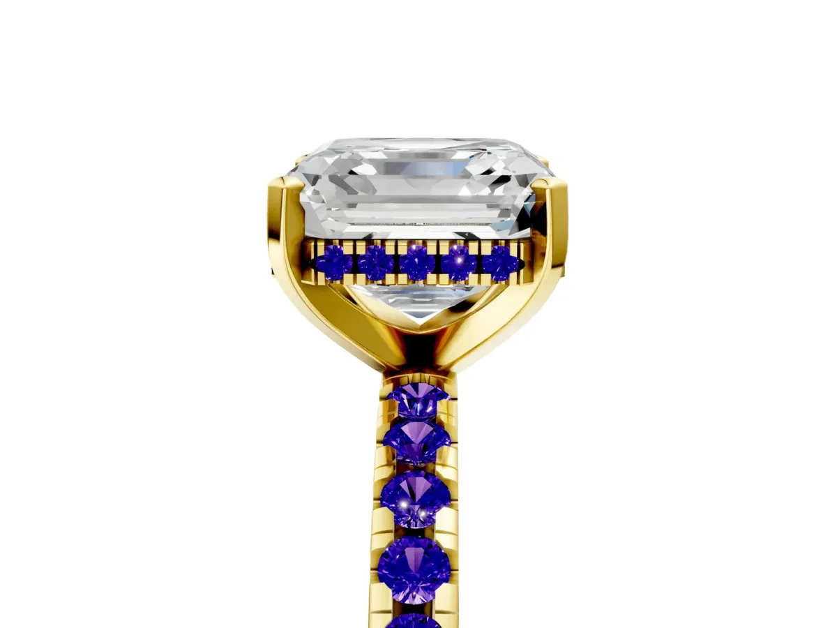 Asscher Cut Diamond Solitaire Ring with Round Tanzanite Pavé Band and Four-Prong Setting Yellow gold