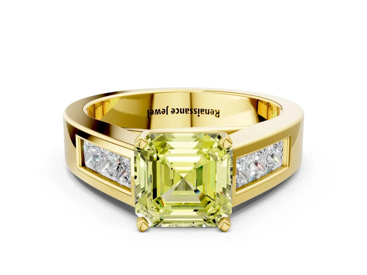Fancy Yellow Asscher Cut Cut Channel Set Solitaire Ring with Four-Prong Setting Yellow gold