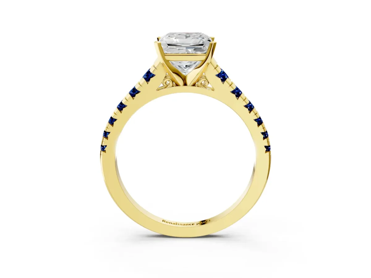 Princess Cut Diamond Cathedral Solitaire Ring with Round Blue Sapphire Pavé Band Yellow gold