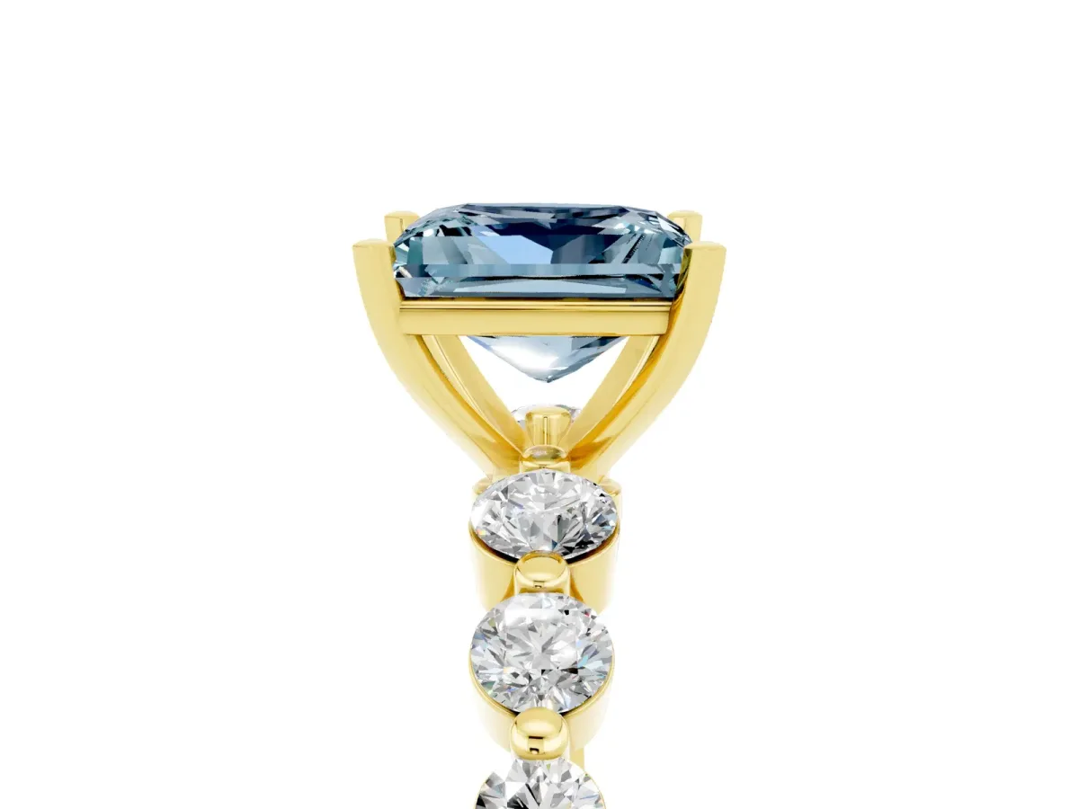 Princess Cut Solitaire Aquamarine Ring with Pave Band and Four-Prong Setting Yellow gold