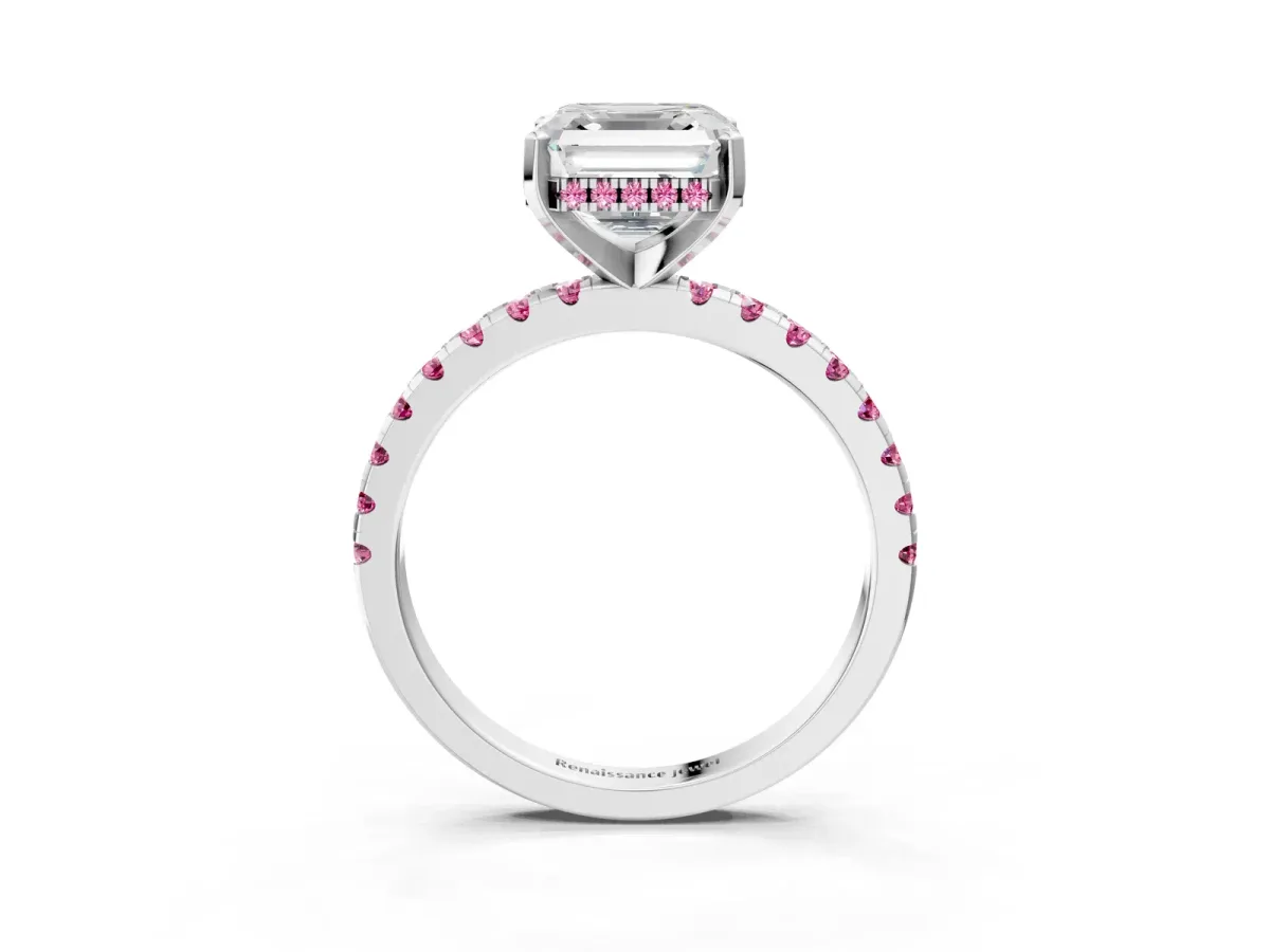 Asscher Cut Diamond Solitaire Ring with Round Pink Sapphire Pavé Band and Four-Prong Setting White gold