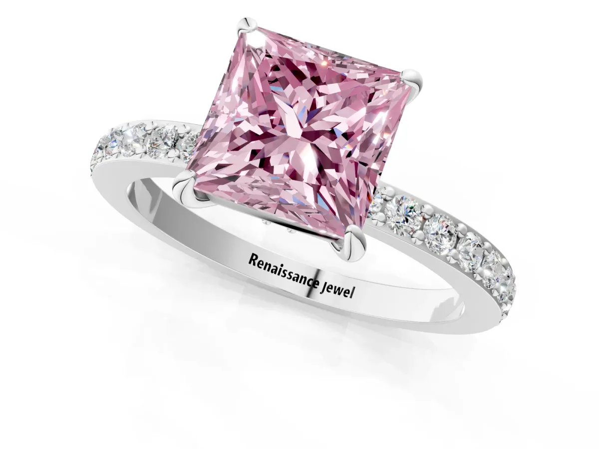 Fancy Pink Princess Cut Diamond Solitaire Engagement Ring with Pavé Band and Four-Prong Setting White gold