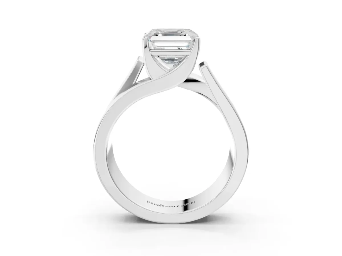 Modern Tension Set Asscher Cut Diamond Solitaire Wide Band Ring Platinum