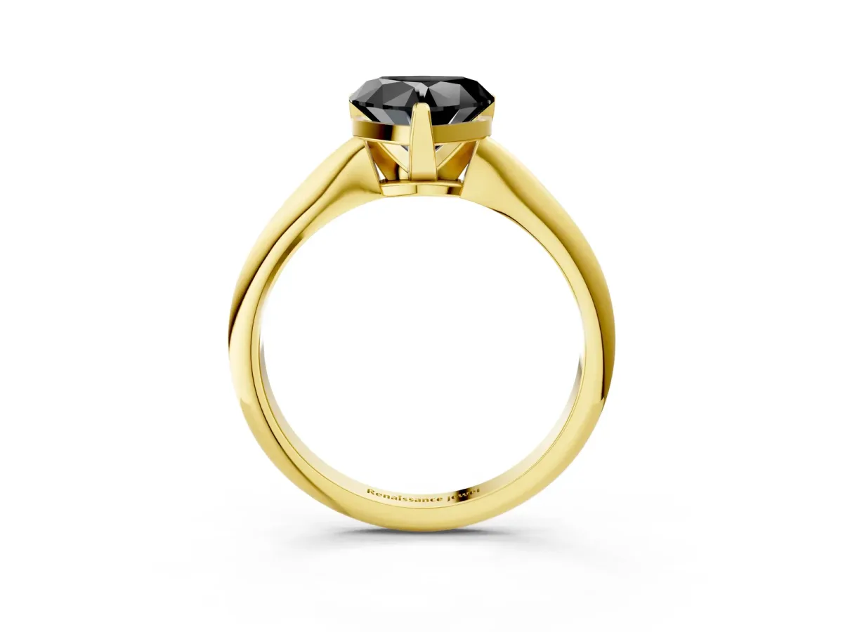 Fancy Black Heart Cut Diamond Solitaire Engagement Ring with Classic Band and Four-Prong Setting Yellow gold
