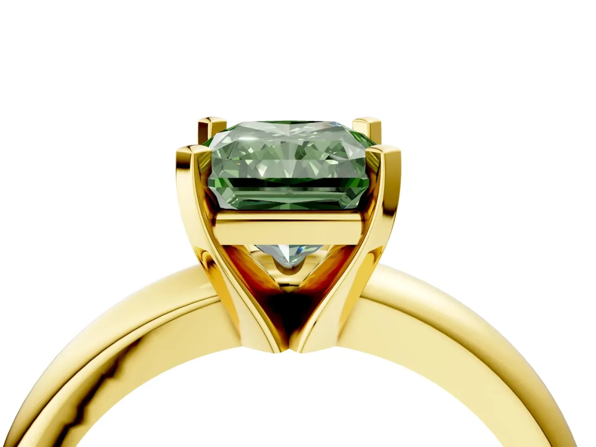 Fancy Green Radiant Cut Diamond Solitaire Engagement Ring with Round Band and Four-Prong Setting Yellow gold