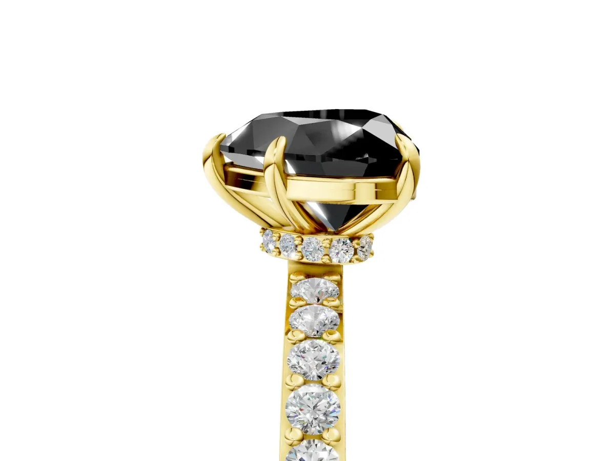 Fancy Black Heart Cut Diamond Solitaire Engagement Ring with Pavé Band and Four-Prong Setting Yellow gold