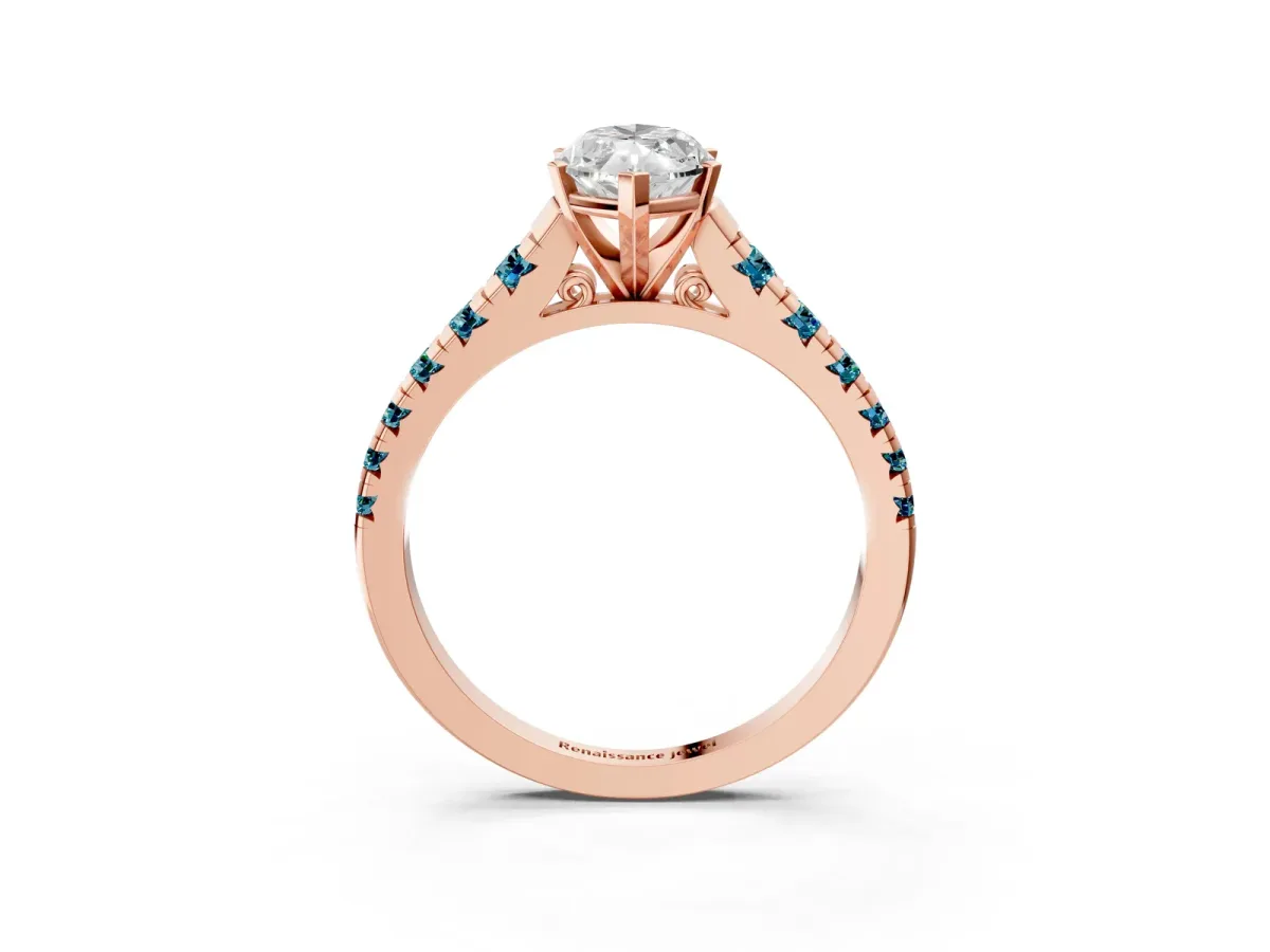Marquise Cut Diamond Cathedral Solitaire Ring with Round Blue Topaz Pavé Band Rose gold