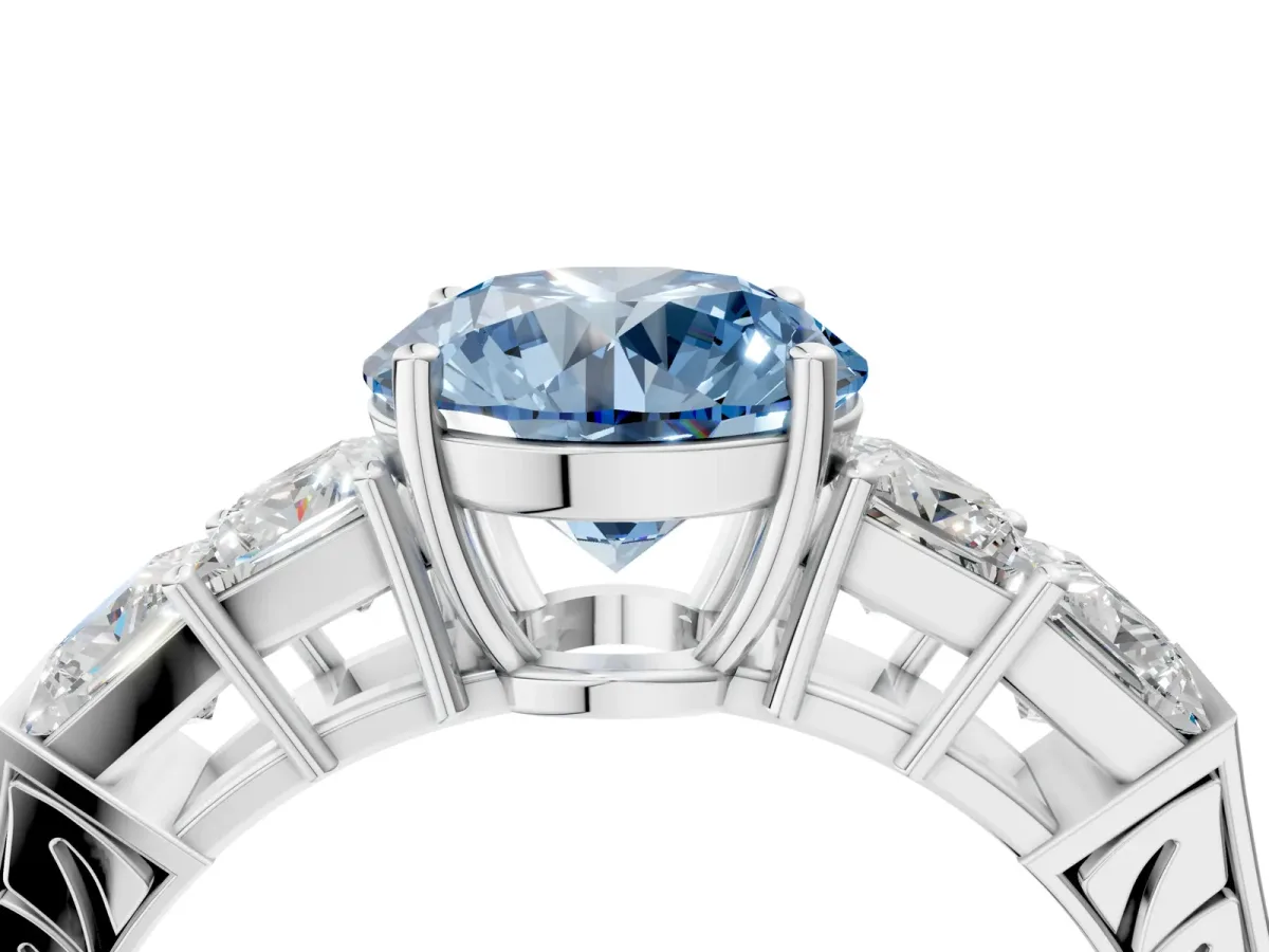 Fancy Blue Round Cut Solitaire Princess Side Stone Engraved Band Prong Setting Ring White gold