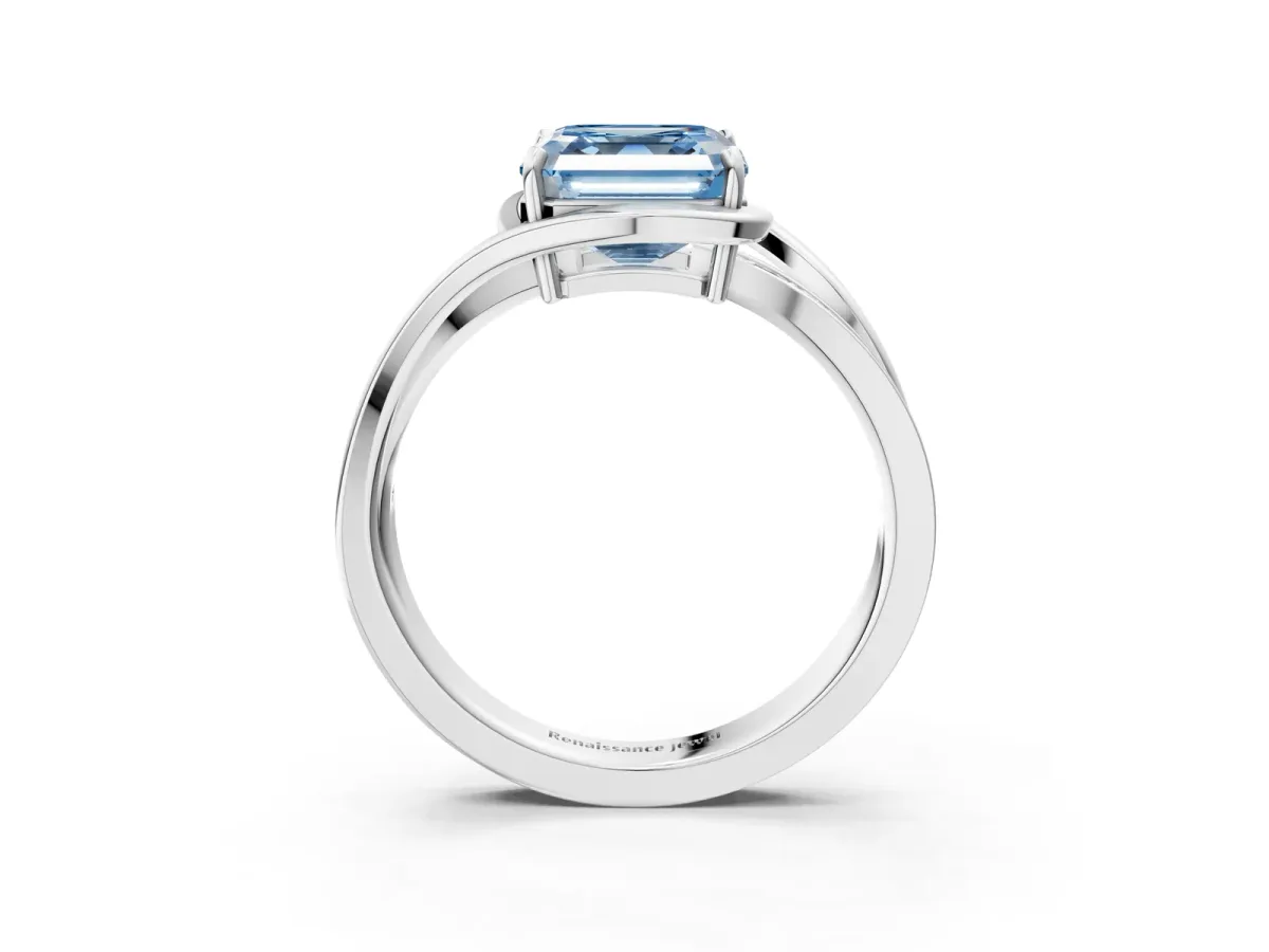 Fancy Blue Asscher Cut Diamond Solitaire Ring with Split Shank and Prong Setting Platinum