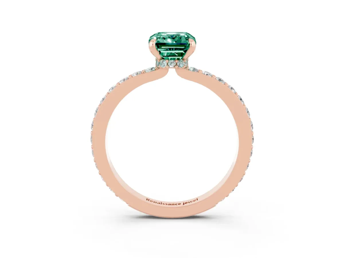 Emerald Cut Green Sapphire Solitaire Engagement Ring with Pavé Band and Four-Prong Setting Rose gold