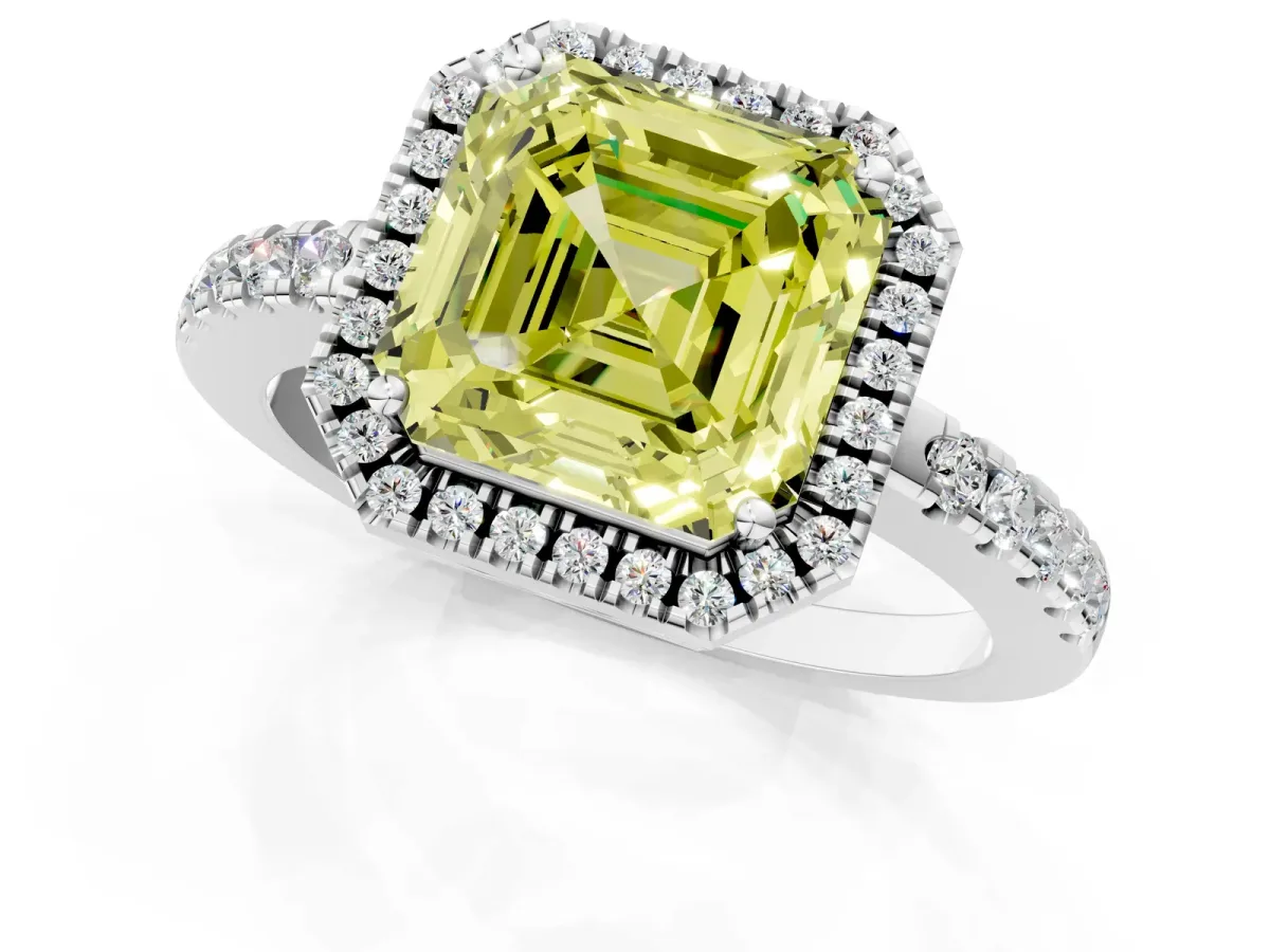 Fancy Yellow Asscher Cut Halo Diamond Engagement Ring with Pavé Band and Four-Prong Setting Platinum