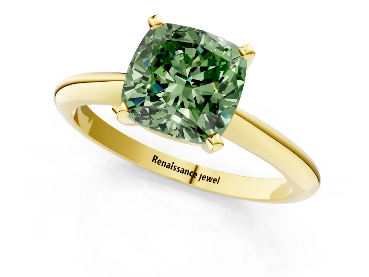 Fancy Green Cushion Cut Diamond Solitaire Engagement Ring with Classic Band and Four-Prong Setting Yellow gold