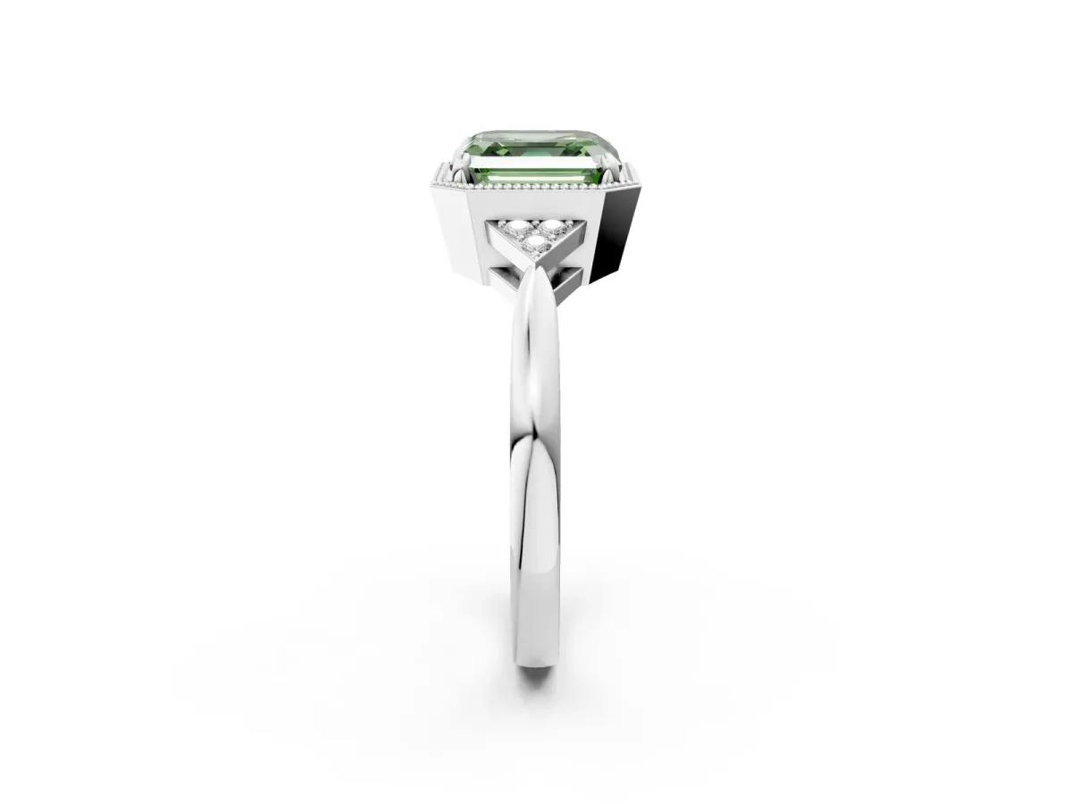Fancy Green Asscher Cut Diamond Halo Ring with Tapered Band and Four-Prong Setting Platinum