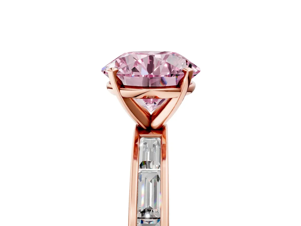 Fancy Pink Round Cut Solitaire Diamond Ring with Channel-Set Baguette Band and Four-Prong Setting Rose gold
