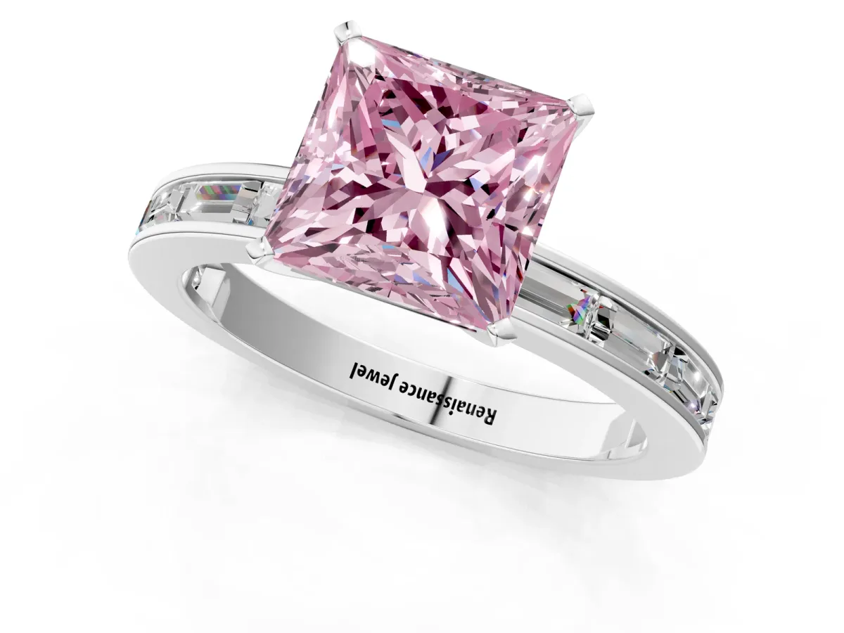 Fancy Pink Princess Cut Solitaire Diamond Ring with Channel-Set Baguette Band and Four-Prong Setting White gold