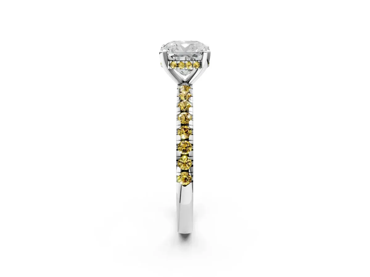 Cushion Cut Diamond Solitaire Ring with Round Yellow Sapphire Pavé Band and Four-Prong Setting White gold