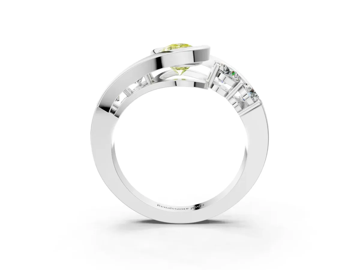 Fancy Yellow Bezel Set Pear Cut Diamond Bypass Ring with Round Accents Silver