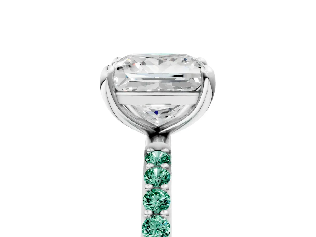 Princess Cut Diamond Solitaire Ring with Round Green Sapphire Pavé Band and Prong Setting White gold