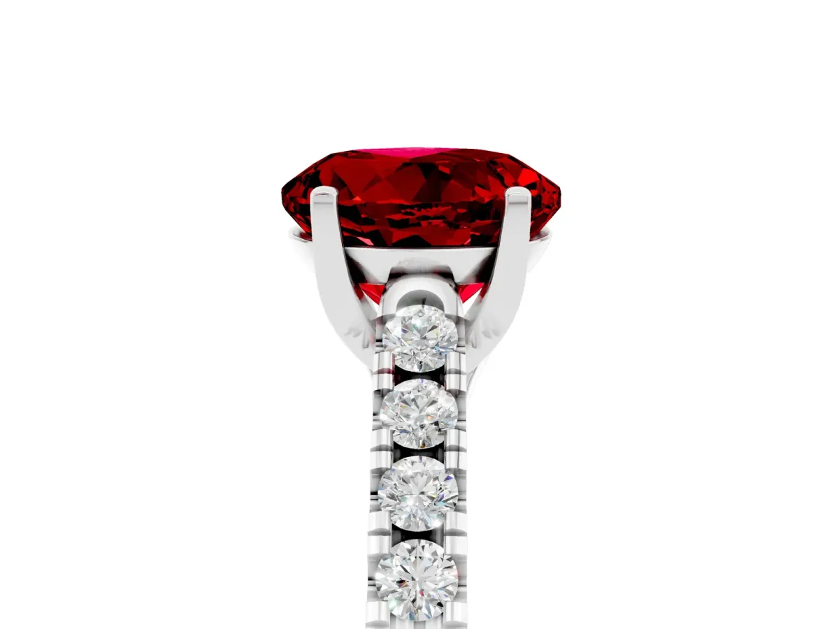Round Cut Ruby Pavé Band Solitaire Ring with Prong Setting White gold