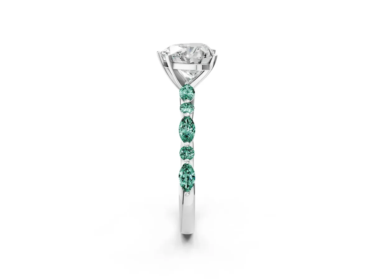 Heart Cut Diamond Ring with Marquise and Round Green Sapphire Side Stones and Four-Prong Setting Silver