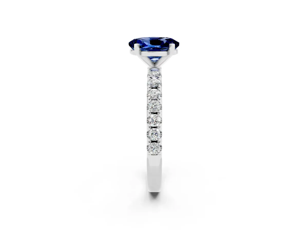Oval Cut Blue Sapphire Solitaire Pavé Band with Four-Prong Setting Platinum