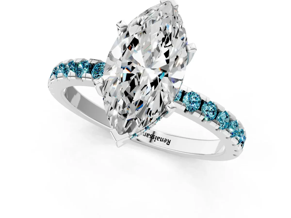 Marquise Cut Diamond Solitaire Ring with Round Blue Topaz Pavé Band and Four-Prong Setting White gold