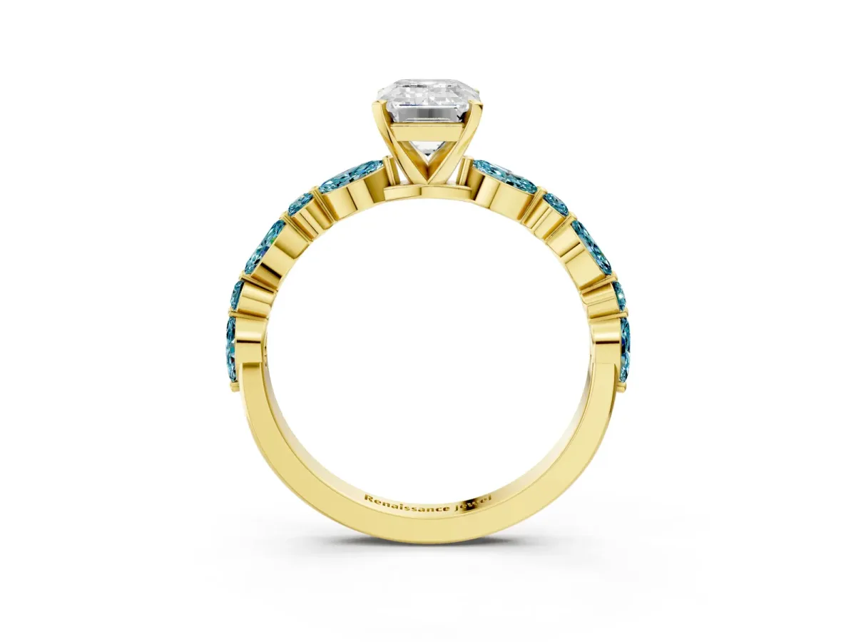 Emerald Cut Diamond Ring with Marquise and Round Blue Topaz Side Stones and Four-Prong Setting Yellow gold