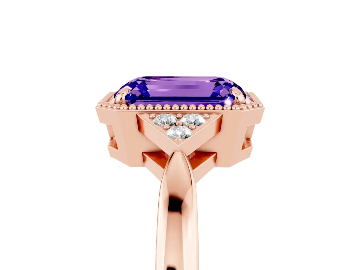 Emerald Cut Tanzanite Halo Ring with Tapered Band and Four-Prong Setting Rose gold