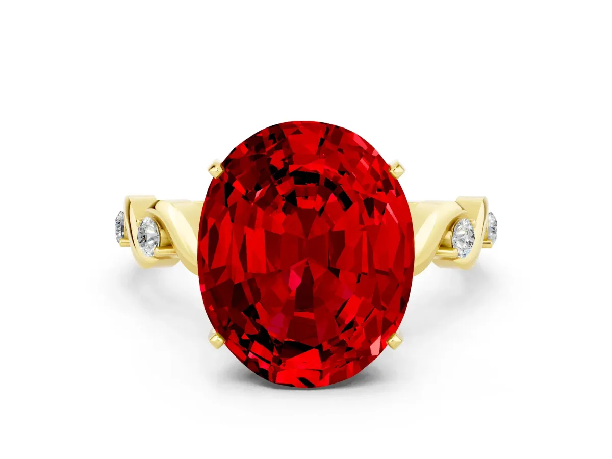 Oval Cut Ruby Solitaire Twisted Band with Round Accents and Prong Setting Yellow gold
