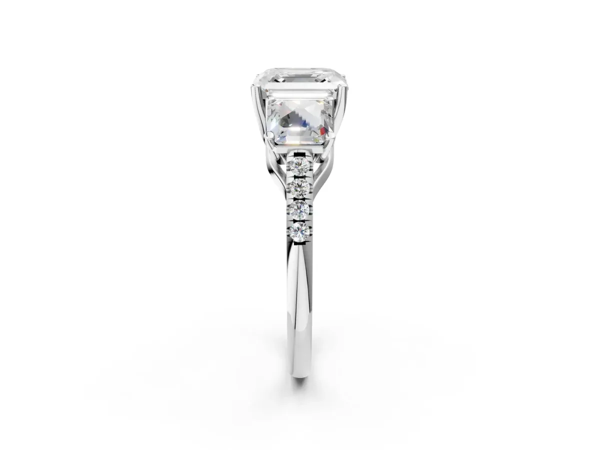 Three-Stone Asscher Cut Diamond Ring with Round Pavé Band and Prong Setting Platinum