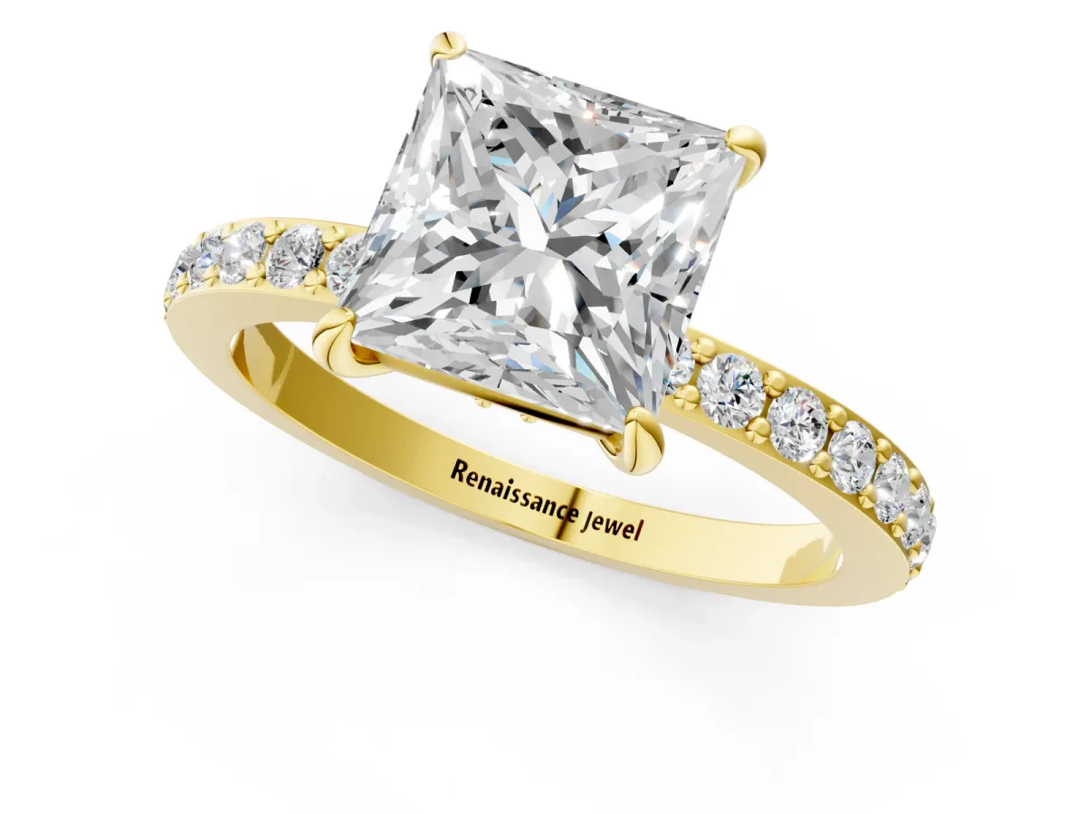 Princess Cut Diamond Solitaire Engagement Ring with Pavé Band and Four-Prong Setting Yellow gold