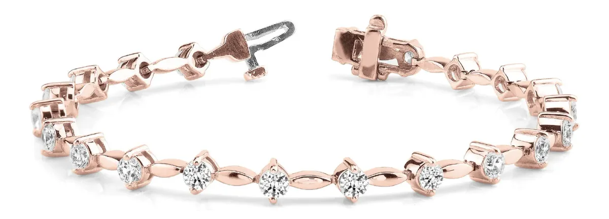 Round Cut Diamond Tennis Bracelet with Bezel Setting and Marquise Link Band Rose gold