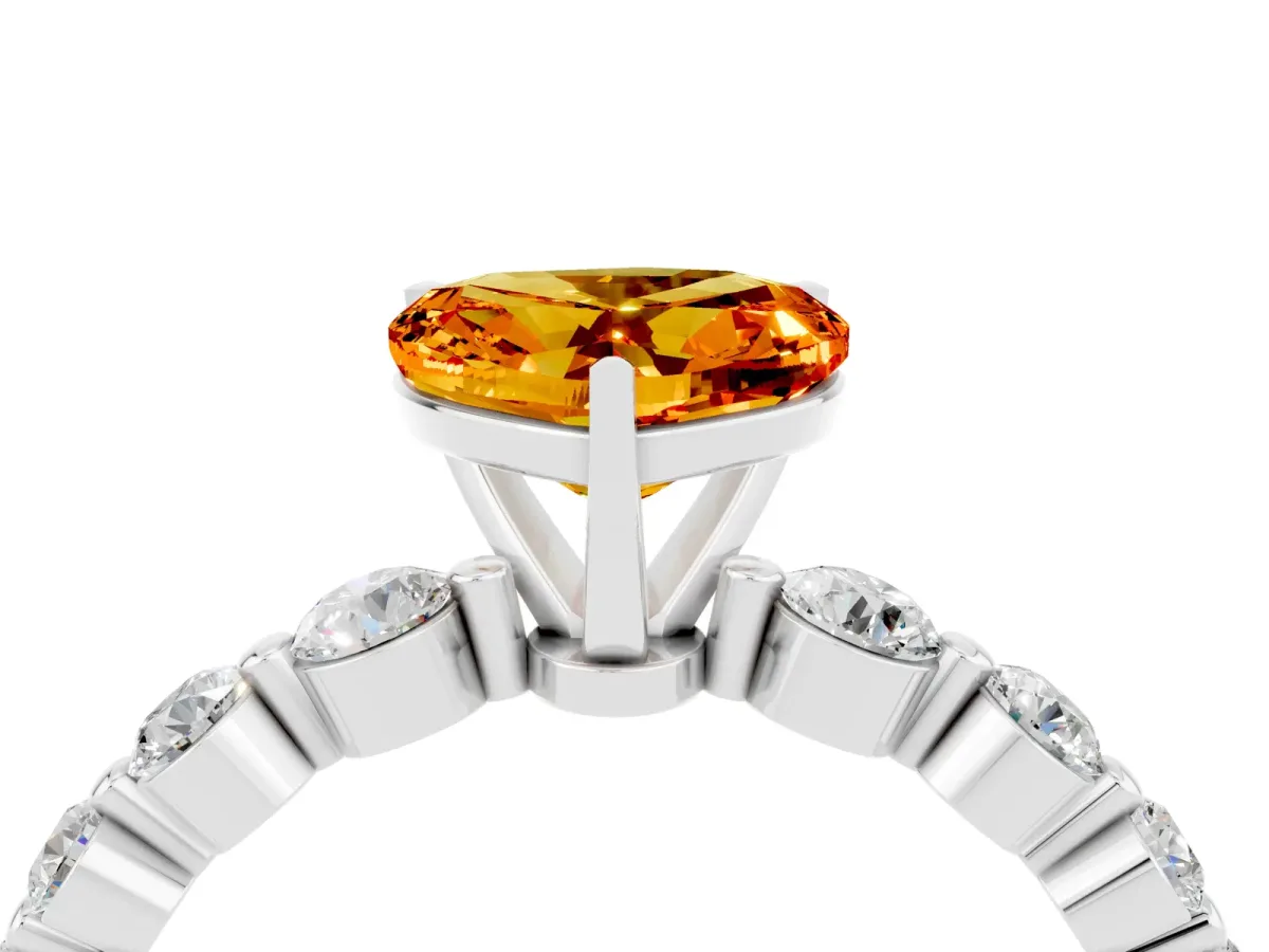Heart Cut Solitaire Citrine Ring with Pave Band and Four-Prong Setting Silver