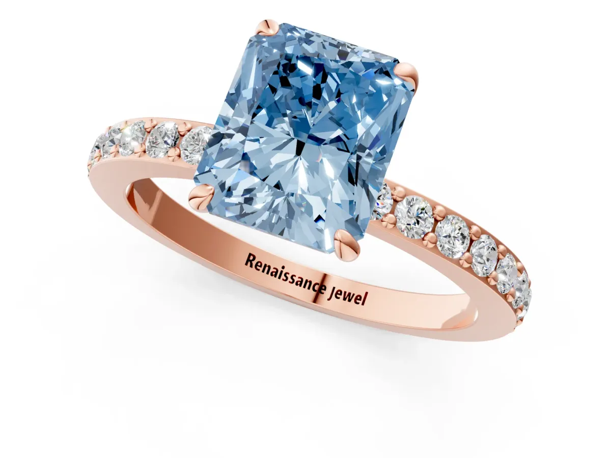 Fancy Blue Radiant Cut Diamond Solitaire Engagement Ring with Pavé Band and Four-Prong Setting Rose gold