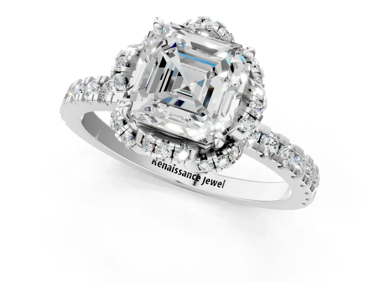 Asscher Cut Halo Diamond Pave Band Ring with Four-Prong Setting Platinum