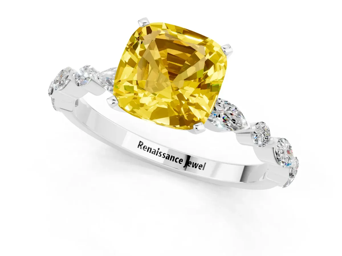 Cushion Cut Yellow Sapphire Ring with Marquise and Round Side Stones and Four-Prong Setting Platinum