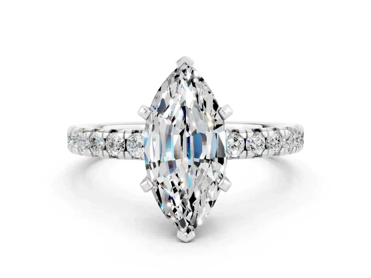 Marquise Cut Moissanite Solitaire Pavé Engagement Ring with Round Band and Prong Setting White gold