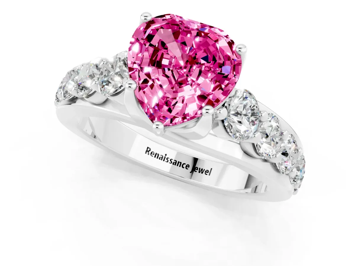 Heart Cut Pink Sapphire Engagement Ring with Pavé Band and Four-Prong Setting White gold