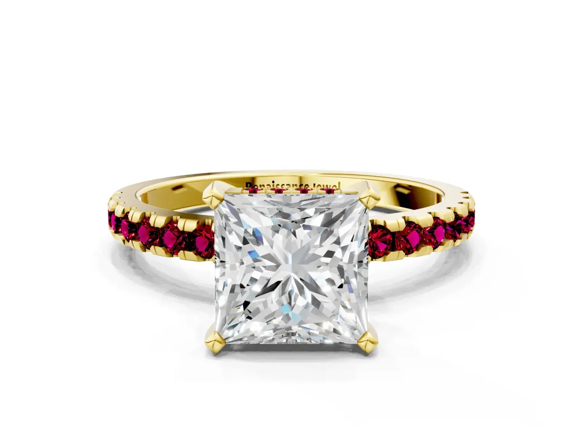 Princess Cut Diamond Solitaire Ring with Round Garnet Pavé Band and Four-Prong Setting Yellow gold