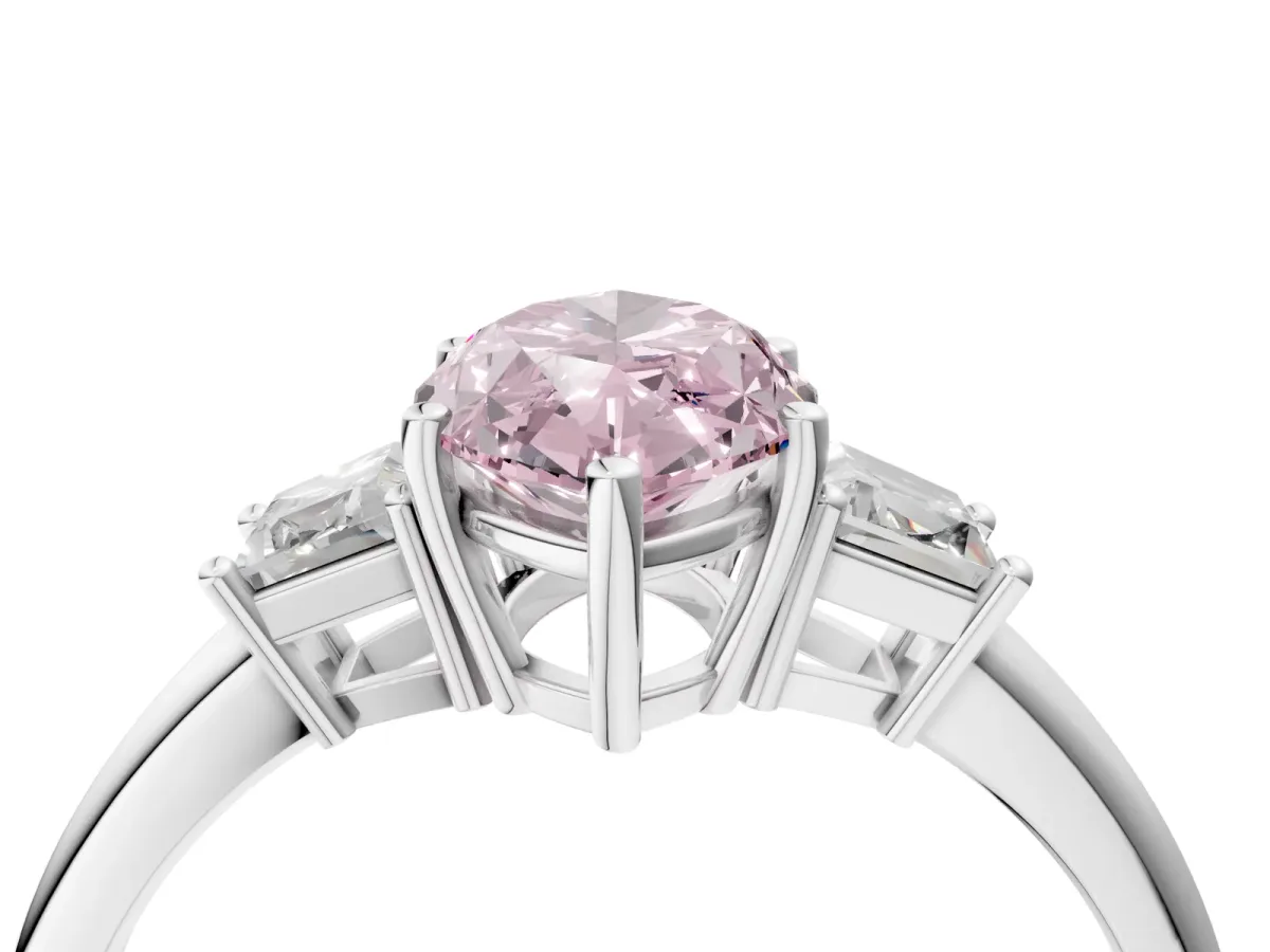Fancy Pink Marquise Cut Diamond Three-Stone Ring with Trapezoid Side Stones and Prong Setting Silver